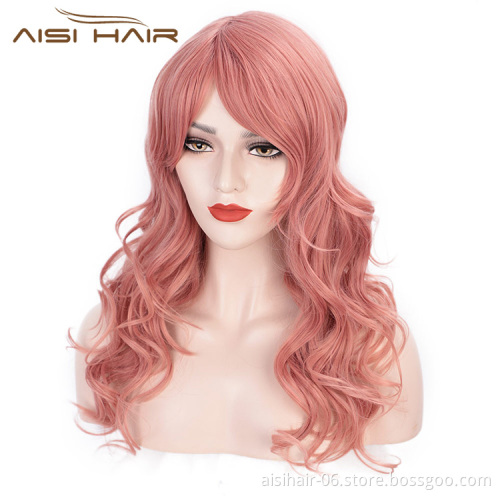Aisi Hair Pink Lady Collection Heat Resistant Synthetic Fiber Wigs Long Curly Women Cosplay Wigs Long Wavy Wigs for Women